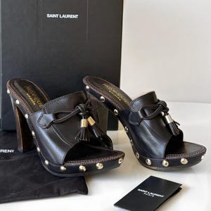Vintage YSL bezaaid leren platformklompen muiltjes met kwastjes zwart EU 37 VS 6,5-7