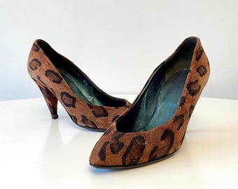 Vintage 1980s Nordstrom Leopard Suede Pumps, Made In Italy, Size 7