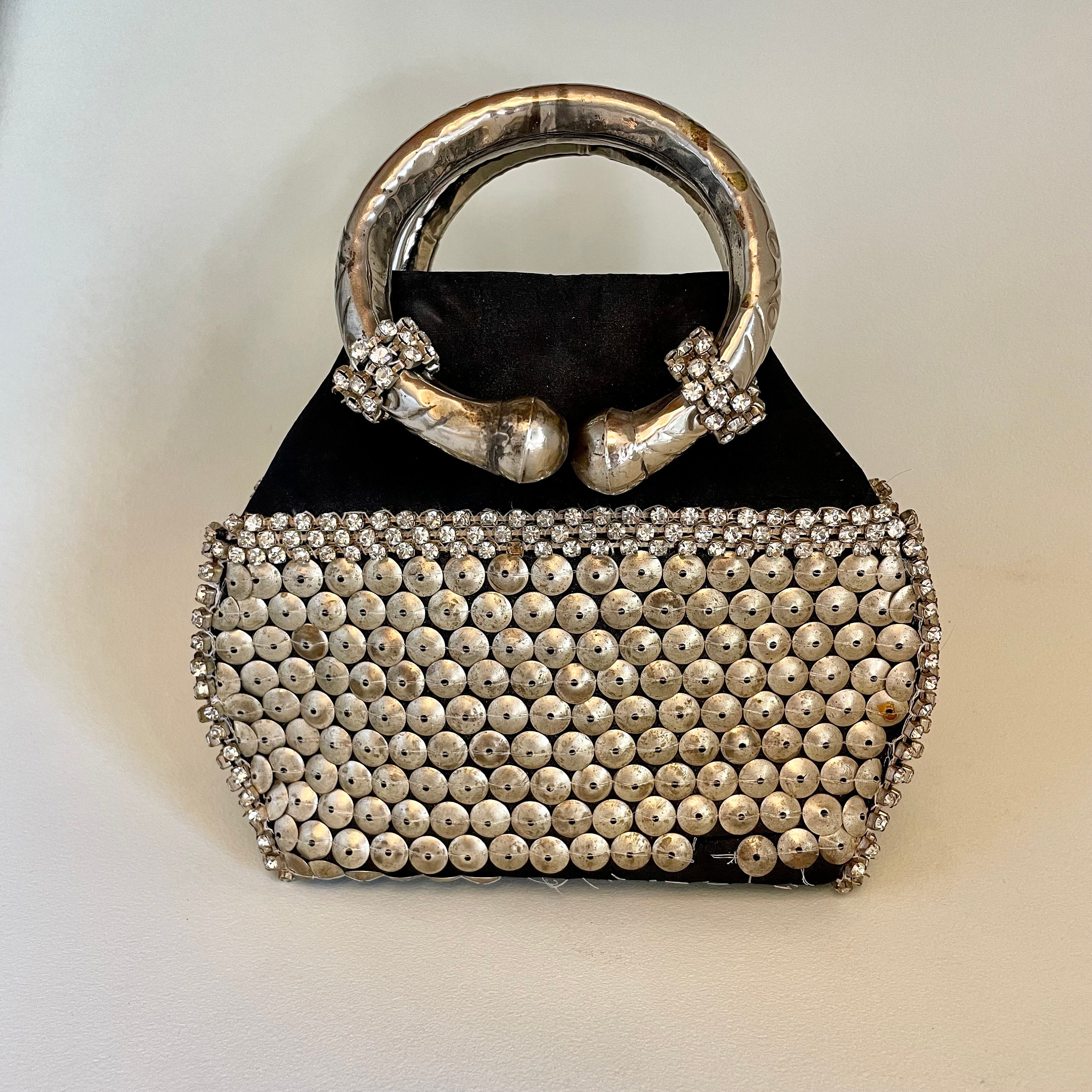 Vintage Glam Rhinestone Evening Bag with Sculptural Metal Handles – Old Hollywood Style, 1970s / 1980s Statement Purse
