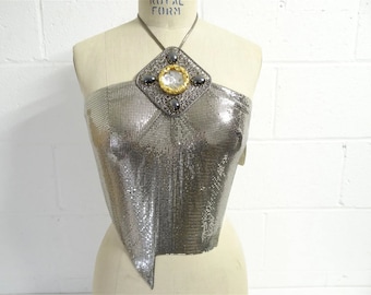 Rare 70s Ferrara Silver Metal Mesh Halter Top With Jeweled Neckline, Vintage And New Anthony Ferrara Gunmetal Chainmail Top, Whiting & Davis