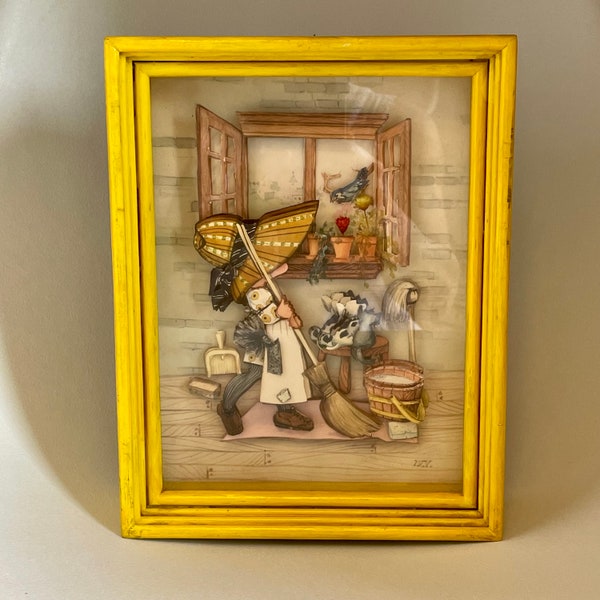 Vintage Holly Hobbie Doing Chores 3D Framed Art | Wood Frame Wall Picture | Girl Dog Cat Bird | 3 Dimensional Shadow Box | Original Owner