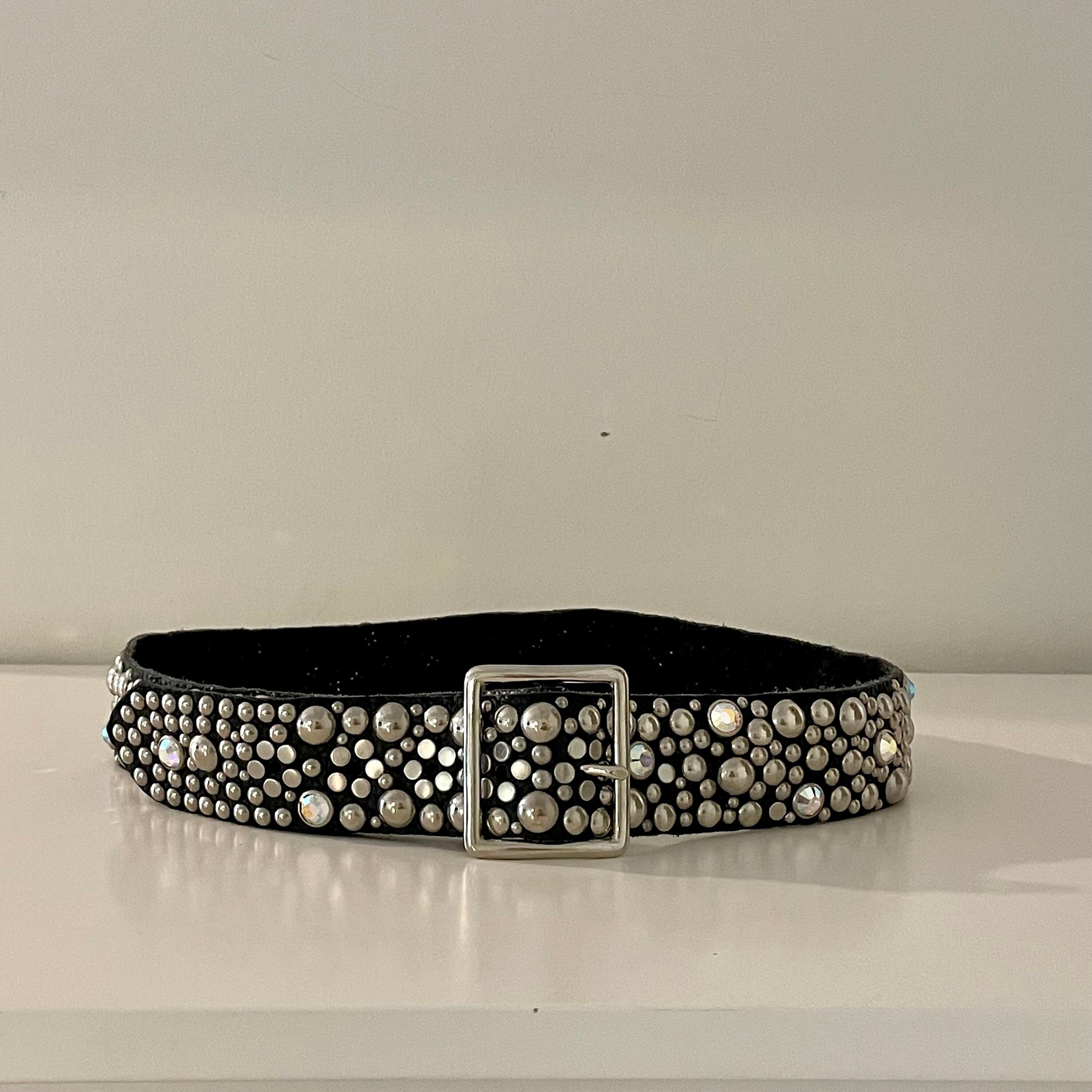 Calf Hair Leather Large Crystals Studded Black Silver‎ Belt Removable Buckle M/L Black Leather Silver Studded Belt Crystals Scalloped Edged  main image 2