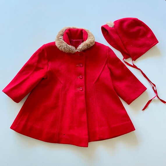 Vintage 1960's Girls Red Peacoat & Hat With Faux … - image 1