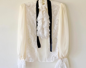 Vintage 1970s Oscar de la Renta Lace Blouse Deadstock Victorian Ruffle
