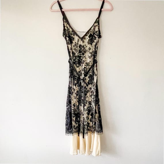 collette dinnigan beaded dress Vintage Black Lace Over Nude Silk Slip Dress, 1990s-2000s, Cocktail Party Pants:customized motel x lame cobain MANGO Floral Asymmetrical Dress