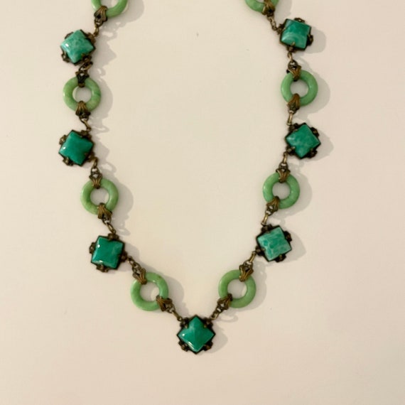 Vintage Jade Goldtone Filigree and Faux Jade Pend… - image 1