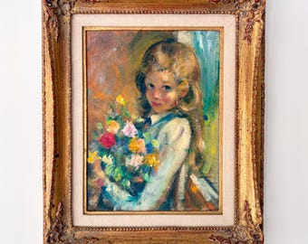 Vintage Cydney Grossman Original Oil on Board Portrait Girl with Bouquet Framed Painting