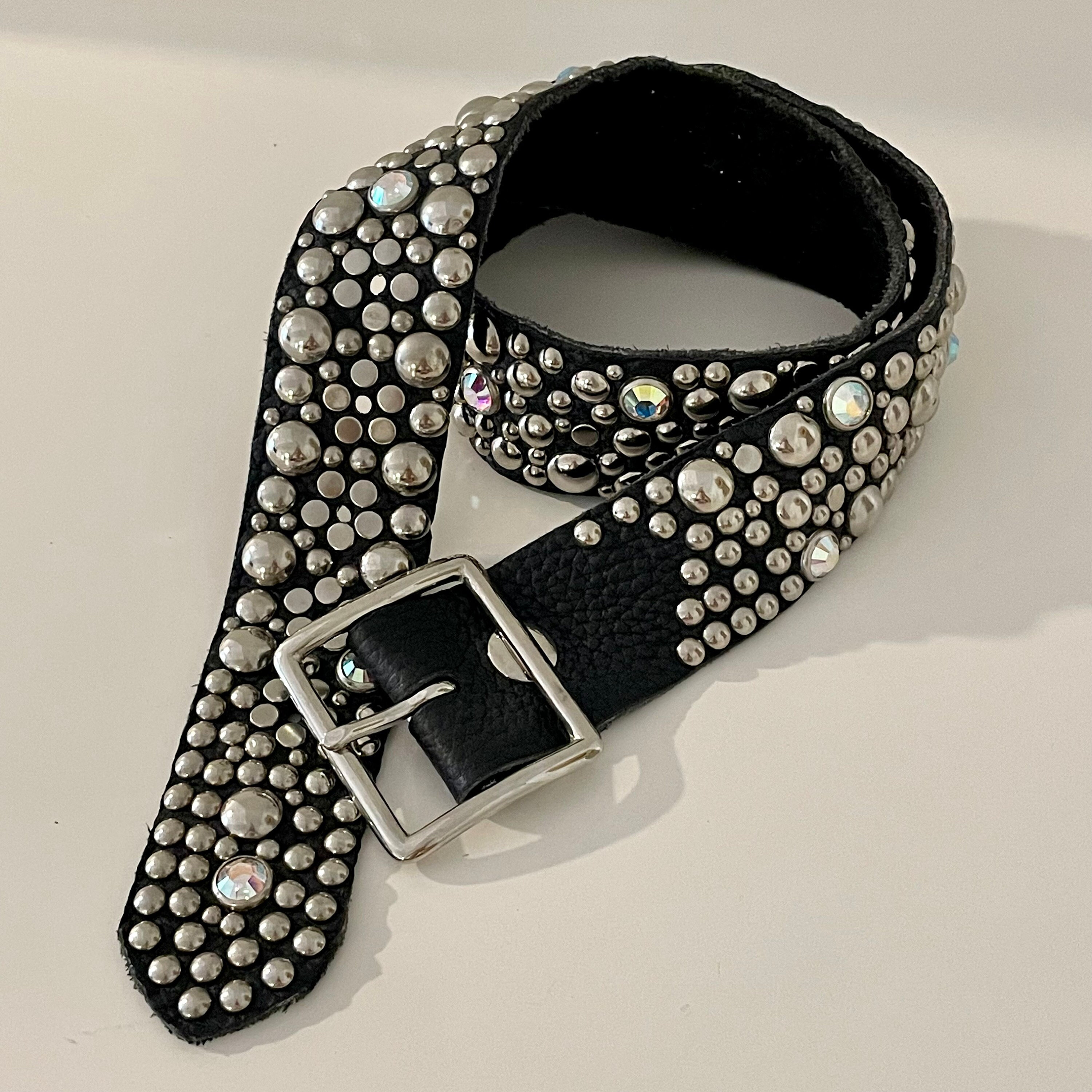 Vintage Black Silver Stud & Crystal Leather Belt | Celebrity Vintage Black Silver Stud & Crystal Leather Belt | Celebrity