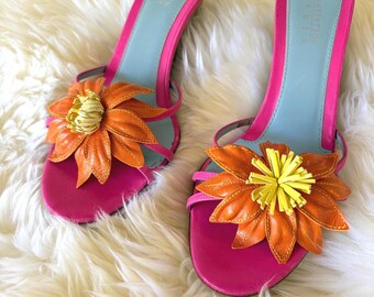 ヴィンテージ ランバートソン トゥルーエックス 花柄レザーヒール ピンクオレンジ イタリアンサンダル