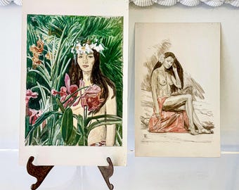 ラッセル・トリップの希少な熱帯肖像画、蘭の胸像とサロンを身に着けた人物像、ミクストメディア、サイン入りの準備習作