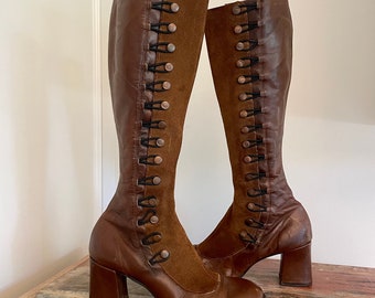 Rare Sbicca 70s Leather Tall Boots With Side Spat| Boho, Mod, Hippie, Victorian, 60's GoGo Boots