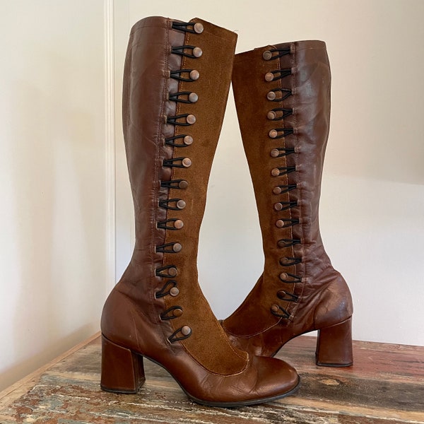 Rare Sbicca 70s Leather Tall Boots With Side Spat| Boho, Mod, Hippie, Victorian, 60's GoGo Boots