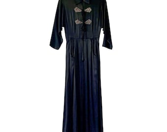 トゥーラ 1930年代～40年代 ブラックレーヨンサテンドレス • アールデコ調ビーズ • ドルマンスリーブ • サイズS