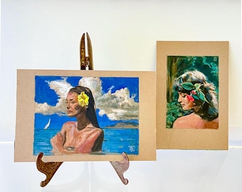 ラッセル・トリップ作、ハワイアン・ミクストメディア作品2点：海景画と花の肖像画、サイン入り、準備習作