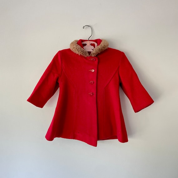 Vintage 1960's Girls Red Peacoat & Hat With Faux … - image 2