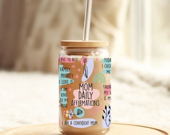 Moeder dagelijkse bevestiging glazen beker 16oz beker voor geestelijke gezondheid Cadeau voor haar dagelijkse manifestaties