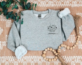 Aangepaste mama sweater gepersonaliseerde moeder sweater minimalistische mama trui cadeau voor haar geborduurde ronde hals Moederdag cadeau voor moeder