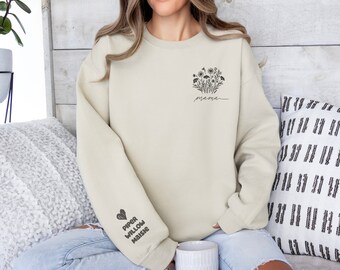 Aangepaste mama-sweater met kindernaam op mouw Gepersonaliseerde moedersweater minimalistische mama-sweater cadeau voor haar geborduurde ronde hals