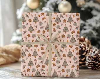 Vintage kerst, Inpakpapier, Cadeaupapier, Roze retrokerstmis, Antieke kerst, Rol kerstmis inpakpapier, Vel inpakpapier