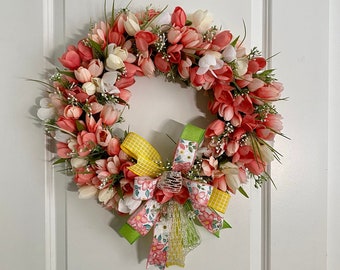 Coral Tulip Spring Wreath: Peach & White Floral Door Decor