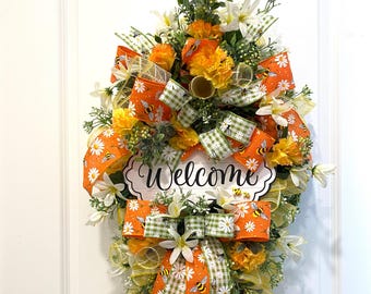 Fall Flower Welcome Swag: Orange, Greenery & Bumble Bee Decor