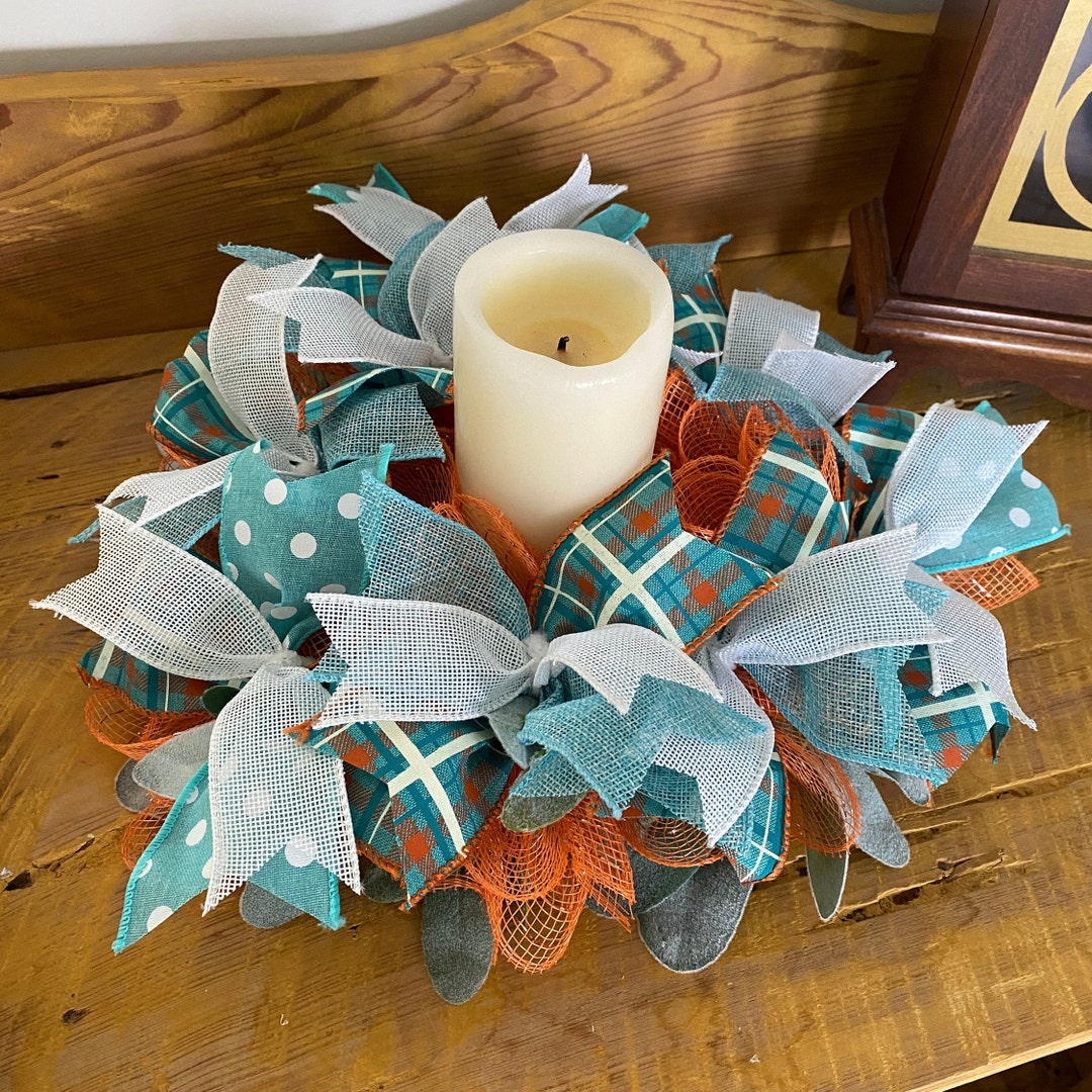 Fall Candle Wreath Teal Orange White Candle Wreath Mesh N Etsy