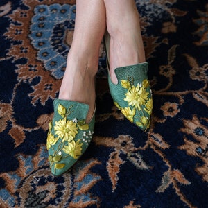 Handmade Mules ribbon embroidery chrysanthemum flower pattern silk fabric Green unique Mules,  easter gift for woman