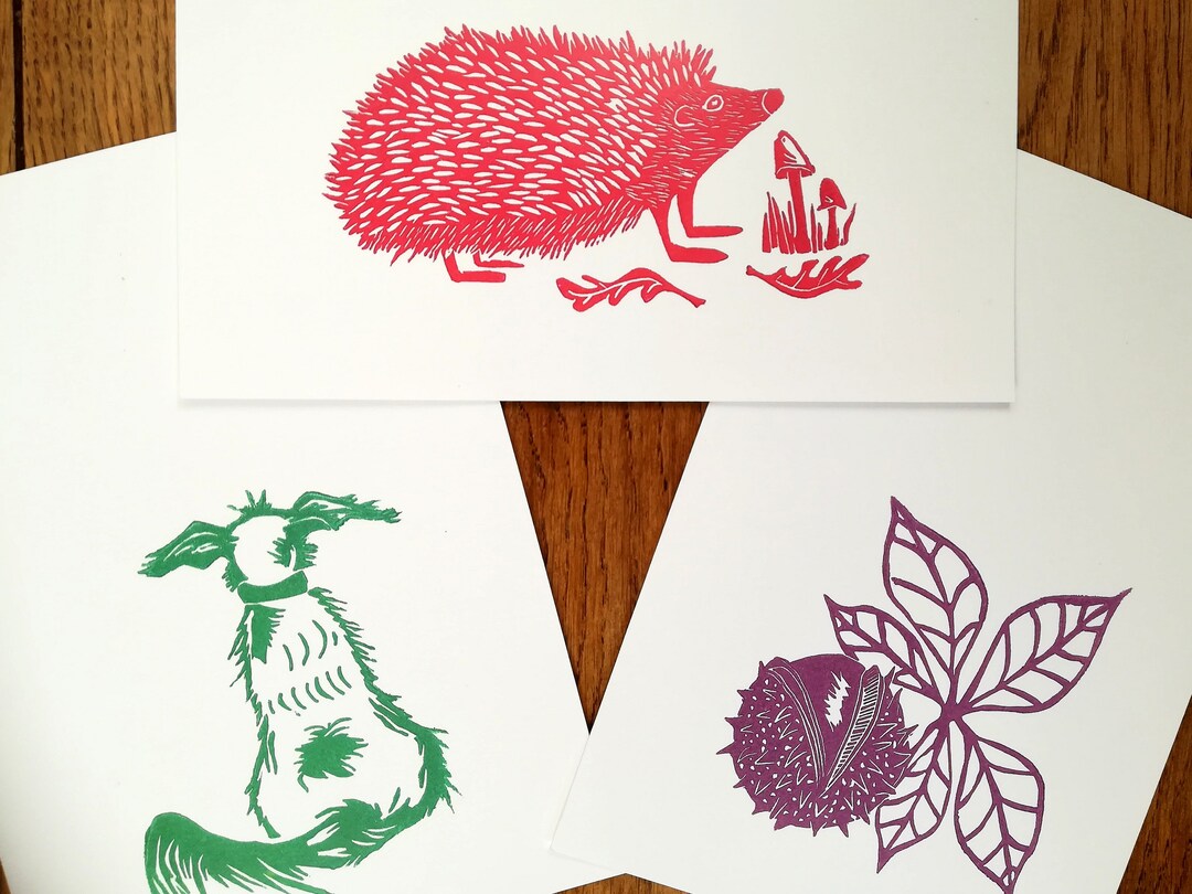 Linocut Card Set of 3 Designs, Lino Cut Cards, Greeting Cards, Blank