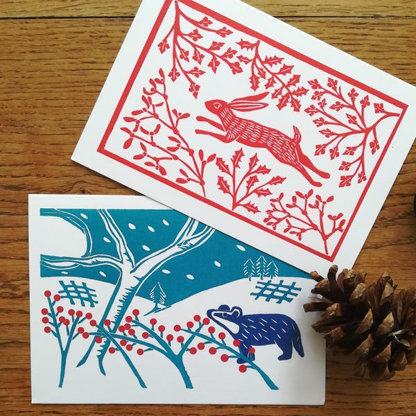 Lino Print Christmas Cards, Badger and Hare, Set of 8 from original lino cuts, Woodland Christmas, Nature Christmas cards, Wildlife cards