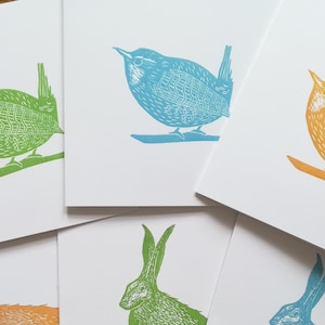 Ensemble de cartes de correspondance Lièvre et Troglodyte mignon, d'après des linogravures originales (lot de 6)