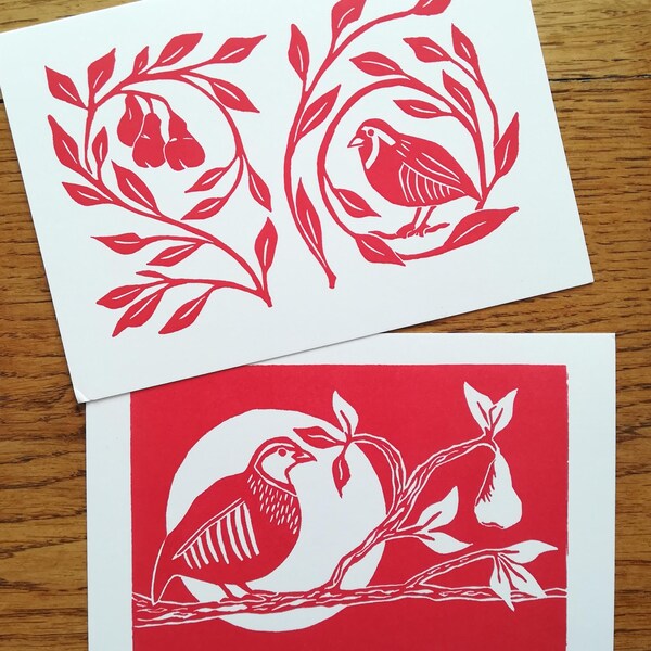 Partridge Christmas Cards, Lino Print Holiday Cards, Set of 8 from original lino cuts, Woodland Christmas card, Nature cards, Wildlife cards
