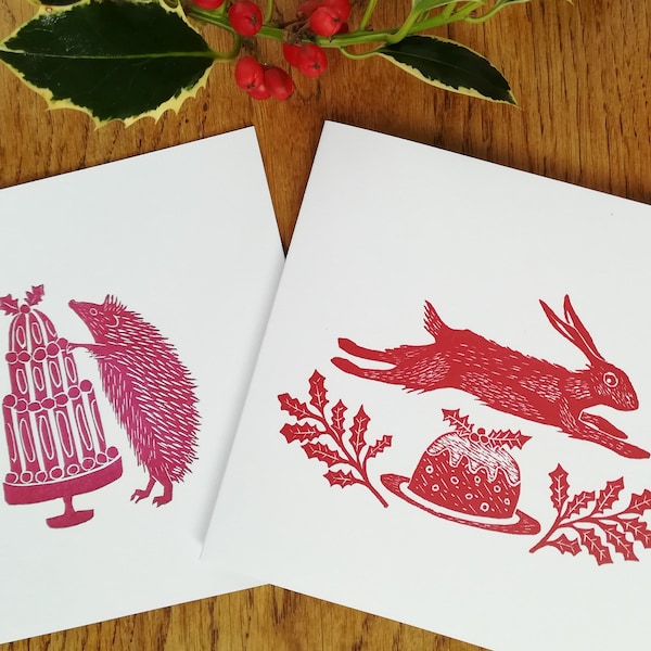 Hedgehog and Hare Christmas Cards from original lino prints, Set of 8, Woodland Animals, Nature Christmas cards, Wildlife Christmas cards