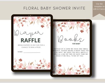Floral Baby Shower Invitation- | editable template in Canva | baby shower bundle | invitation template| diaper raffle| thank you card|