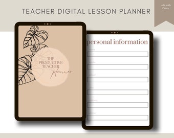 May include: A digital lesson planner template for teachers. The template features a brown background with black leaf illustrations and the text "The Productive Teacher Planner". The right side of the template has a section for personal information with fields for name, grade, school, year, address, and phone.