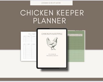 May include: A digital planner for chicken keepers. The cover features a black and white illustration of a chicken. The text "Chicken Keeping Planner & Tracking Sheets" is displayed on the cover.