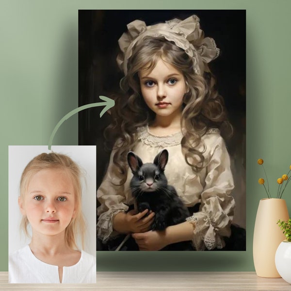 Custom Portrait  Princess with Rabbit from Photos, Renaissance Portrait, Personalized Children's Portrait, Best Gift