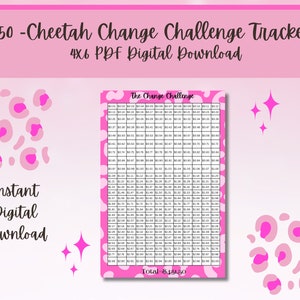 Change Challenge Tracker, cheetah print, 450 dollar challenge, cash stuffing, dave ramsey, saving, penny challenge