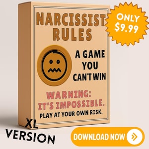 May include: A tan box with the text "NARCISSIST RULES" and "A GAME YOU CAN'T WIN." It features a distressed smiley face and the warning "IT'S IMPOSSIBLE. PLAY AT YOUR OWN RISK." The box is labeled "XL VERSION."