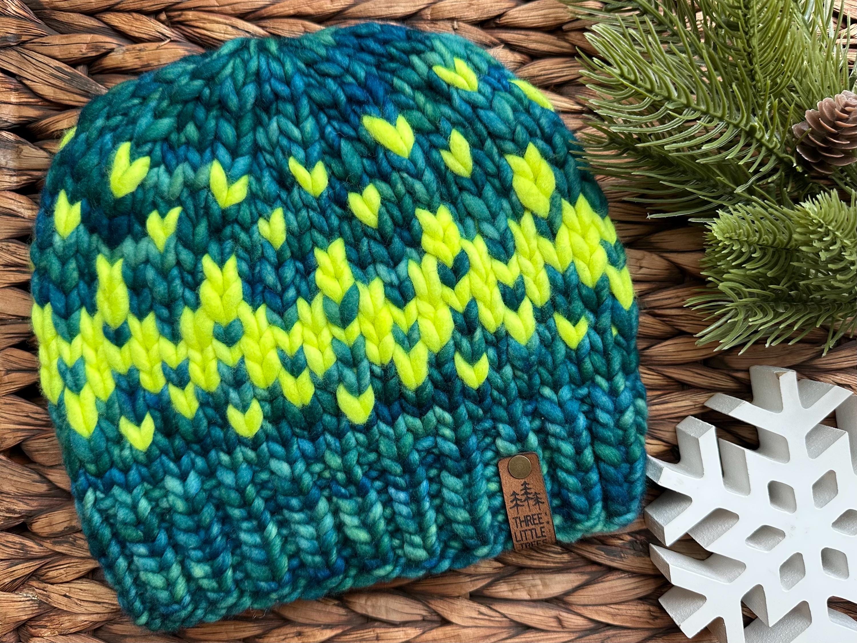 Neon Dancing Waters Beanie 100% Merino Wool Winter Hat Luxury Handknit Ready to Ship