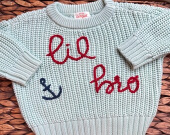 Lil Bro Nautical Sweater | Mint | Embroidered Oversized Chunky Sweater | 0-3 months | Ready to Ship |