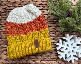Luxury Hand Knit Candy Corn Beanie| Adult | 100% Merino Wool | Ready to Ship