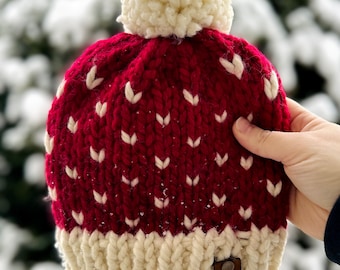Handmade Knit Beanie | Tiny Hearts | Wool Blend | Made to Order