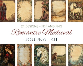 Romantic Medieval Junk Journal Kit, Knight & Maiden Journal Pages, Castles, Unicorns, Junk Journals, Scrapbooking, Digital Download