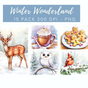 Winter Watercolor Images Set - Christmas Gingerbread, Snowy Trees, Woodland Animals, Holiday Digital Download for DIY Crafts Commercial Use
