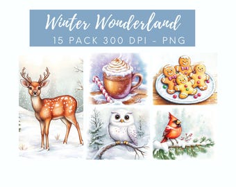 Set di immagini ad acquerello invernali - Pan di zenzero natalizio, alberi innevati, animali del bosco, download digitale per le vacanze per uso commerciale fai da te