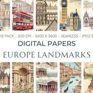Europa bezienswaardigheden naadloos patroon, reisbehang, architectuurachtergrond, unieke digitale download, prachtig digitaal papier, OOAK-patroon