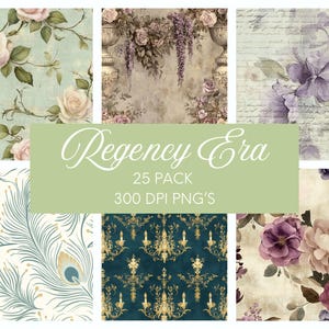 May include: A collage of 25 digital paper designs in a Regency Era theme. The papers feature floral patterns, peacock feathers, and ornate designs in shades of green, blue, gold, and white. The text "Regency Era 25 Pack 300 DPI PNG's" is displayed in the center of the collage.