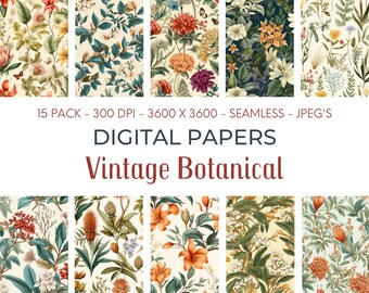 Vintage Botanical Digital Paper Seamless Pattern For Download Floral Digital Printable  Scrapbooking Botanical Wallpaper Commercial Use