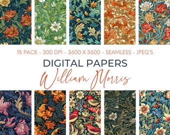 May include: Digital paper pack showcasing floral designs in a range of colours including green, blue, orange, and pink. The text "DIGITAL PAPERS William Morris" is displayed below the patterns.