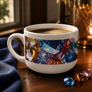 May include: A white ceramic mug filled with dark coffee, featuring a wide band around the center decorated with a vibrant, multi-colored pattern of faceted gemstones in shades of blue, gold, and red, with three loose gem-shaped stones nearby.